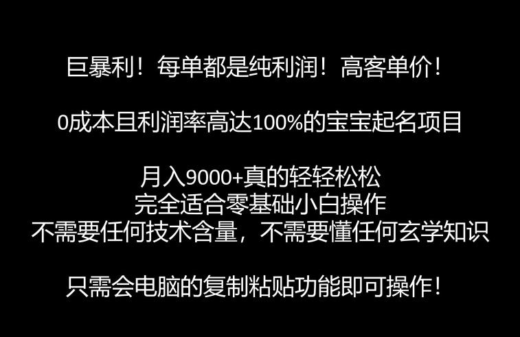 巨暴利，月入9000+的宝宝起名项目，每单都是纯利润，零基础都能躺赚【附软件+视频教程】-臭虾米项目网